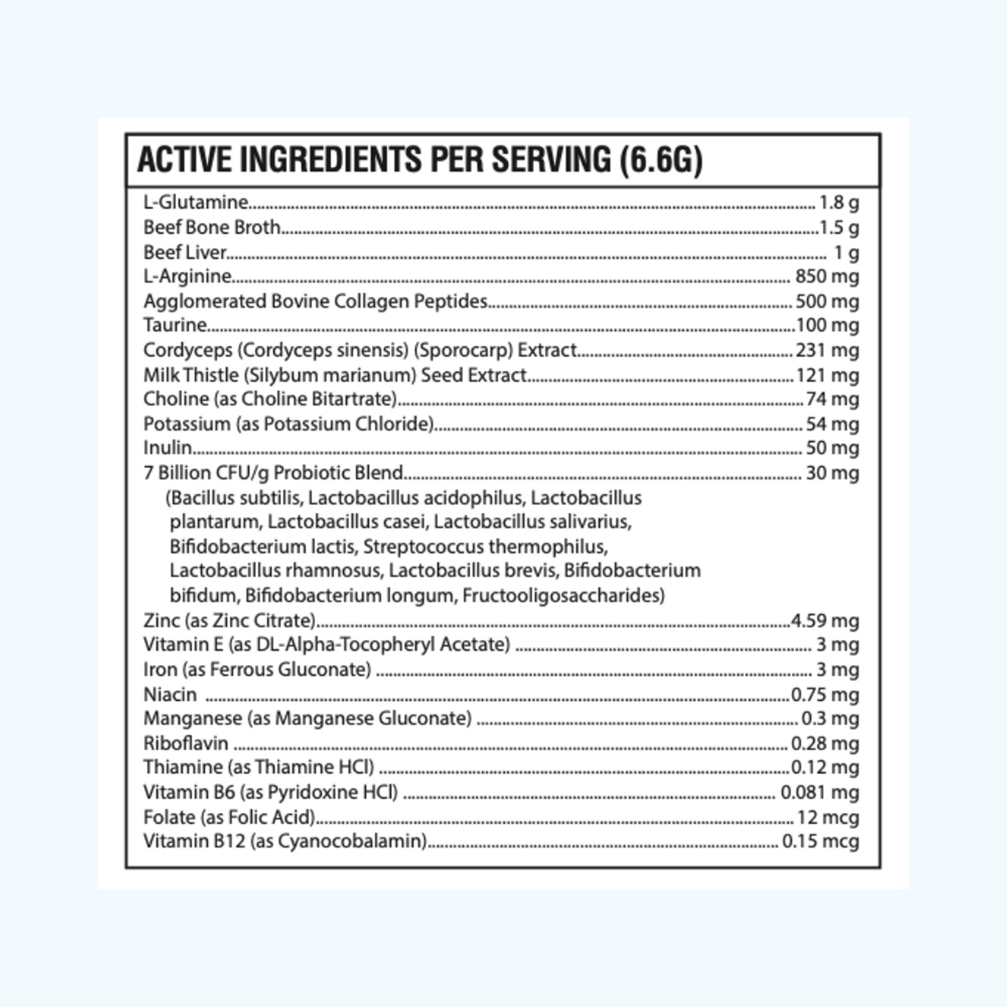 Nutritional label with active ingredients per serving on a white background