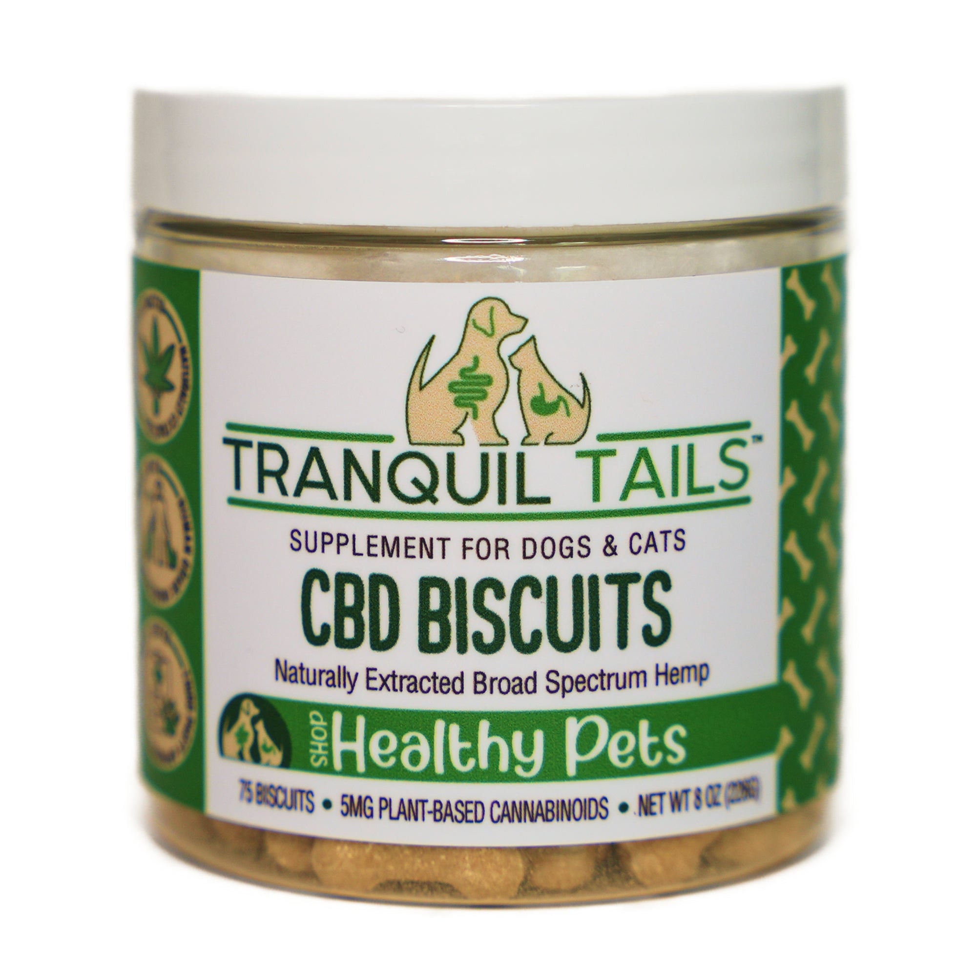 Jar of Tranquil Tails CBD Biscuits for dogs and cats naturally extracted broad spectrum hemp