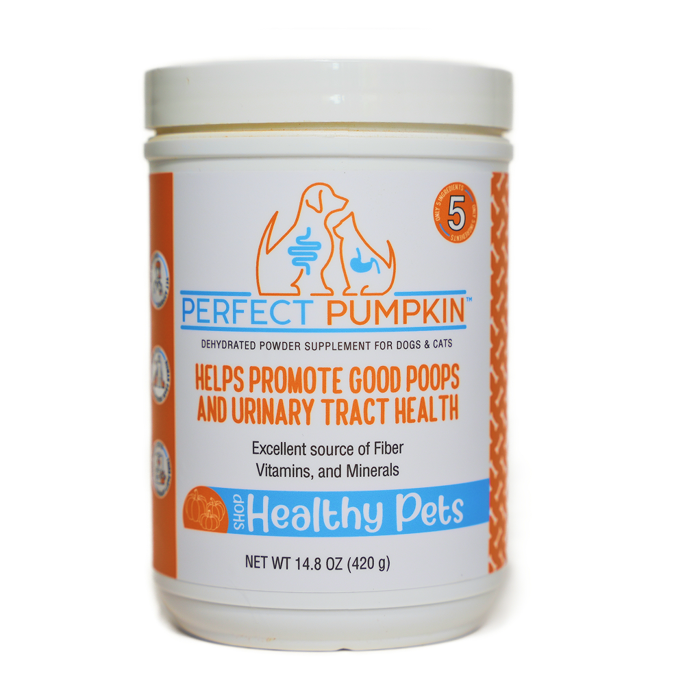 Supplement container for dogs and cats with 'Perfect Pumpkin' branding on a white background