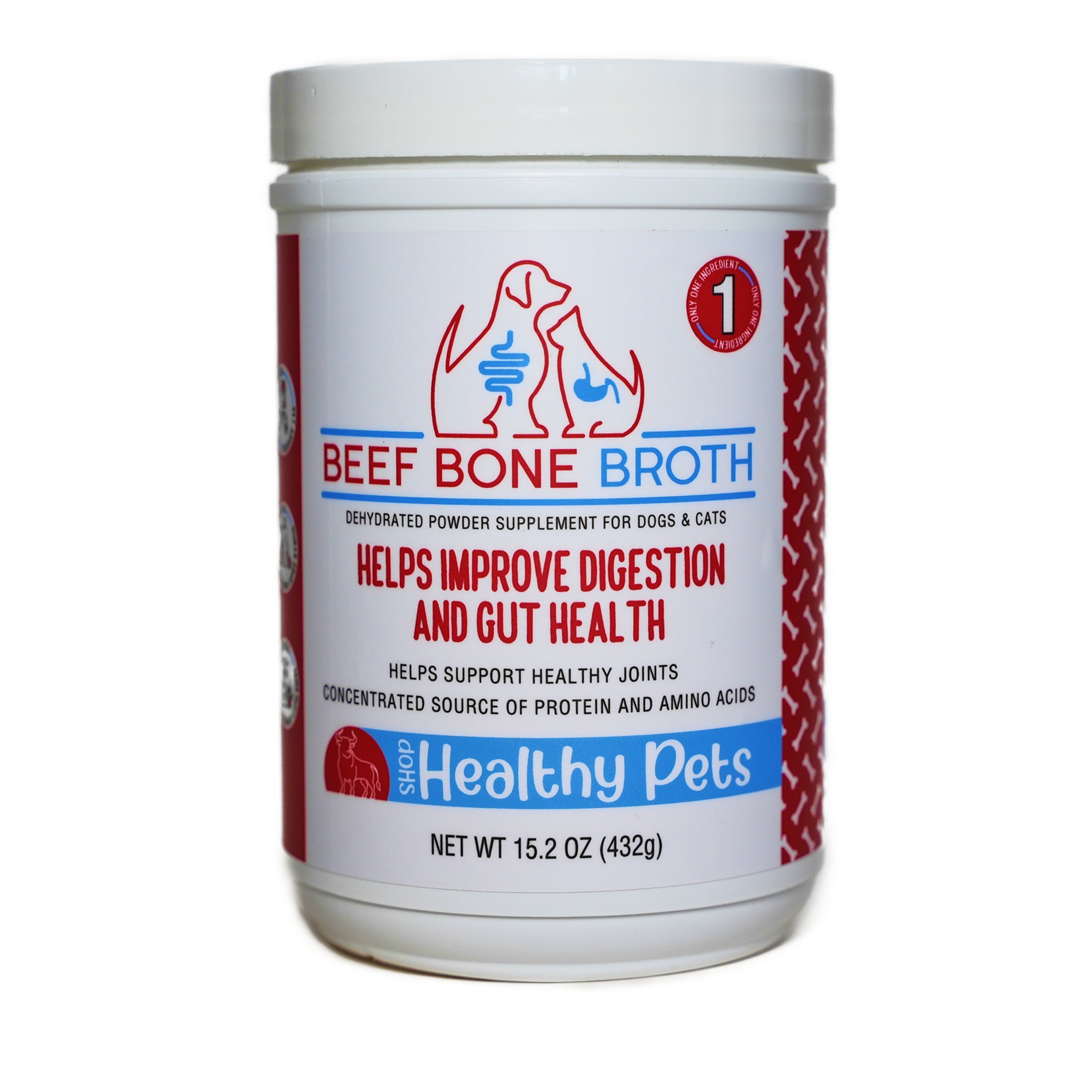Container of Beef Bone Broth supplement for dogs and cats on a white background