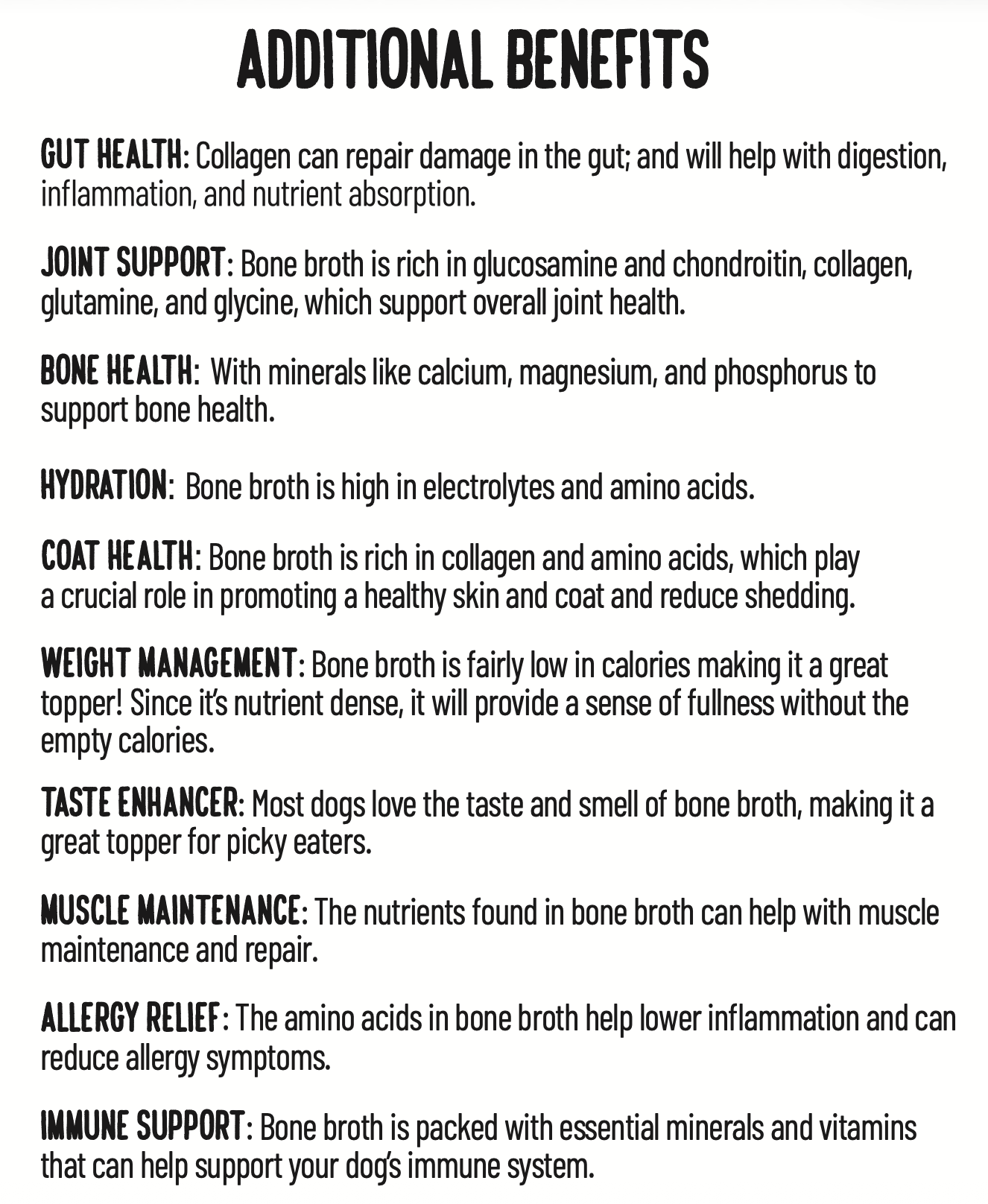 List of additional benefits of bone broth for dogs on a white background