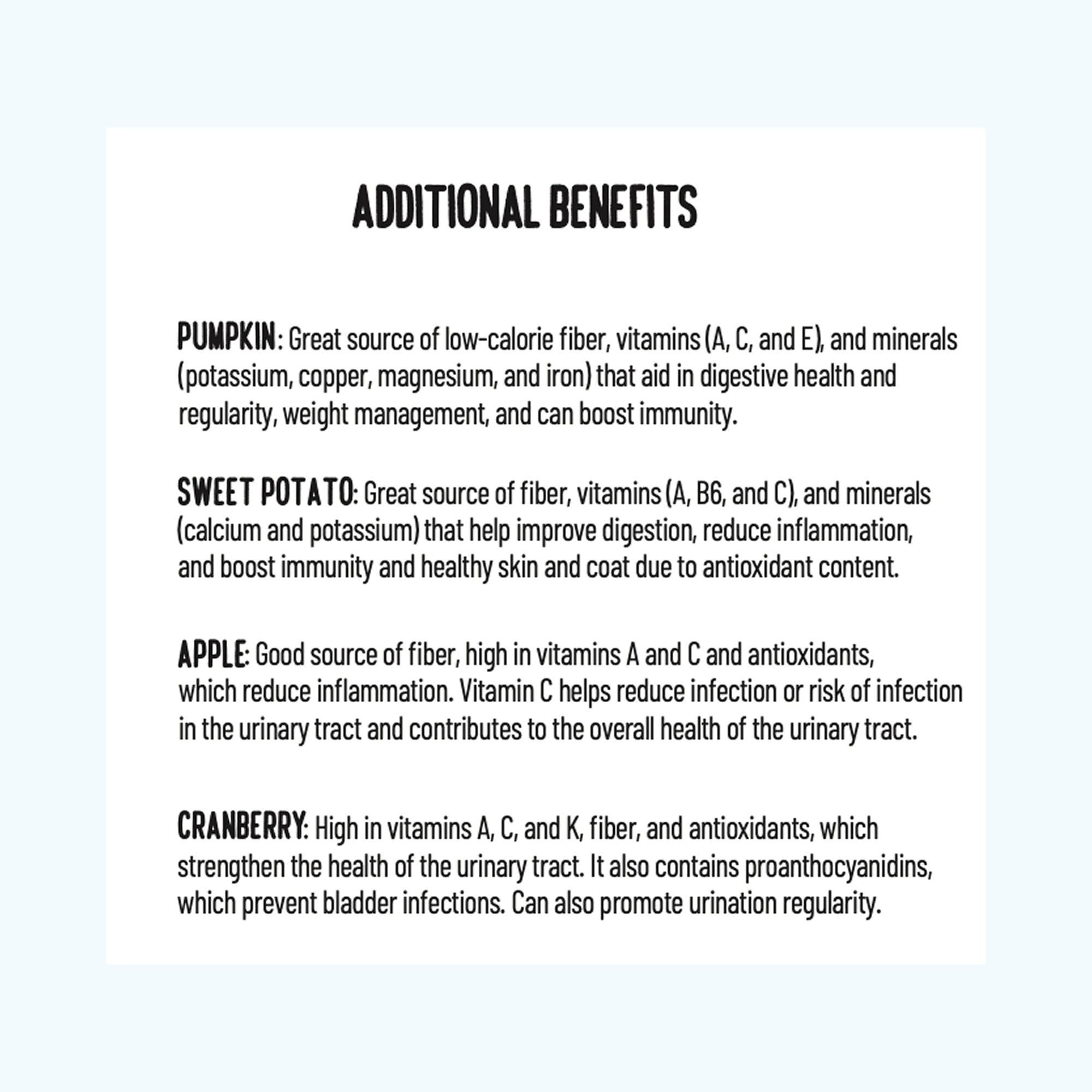 Text listing additional benefits of pumpkin, sweet potato, apple, and cranberry.